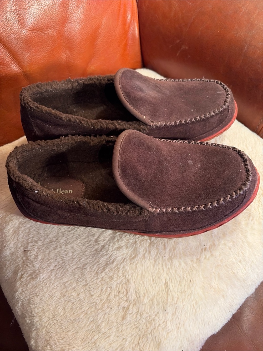 L.L. Bean Men's Dark Brown Suede Moccasin Slippers with Red Sole